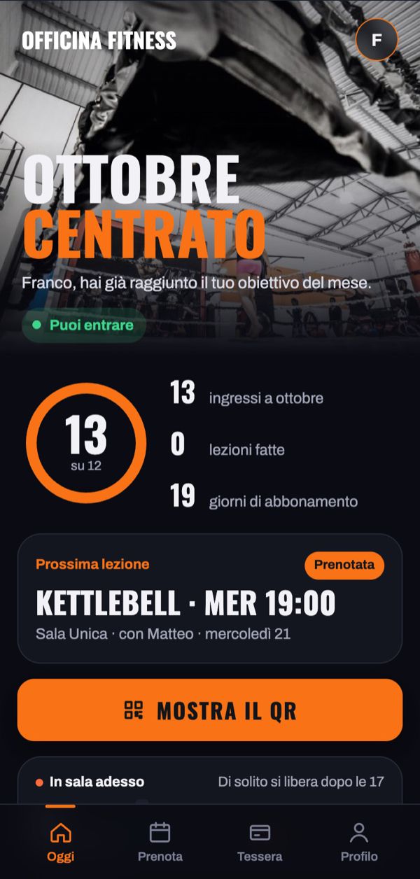 L'app degli associati della palestra di prova, schermata Oggi: gli ingressi del mese rispetto all'obiettivo, la prossima lezione e il pulsante Mostra il QR.